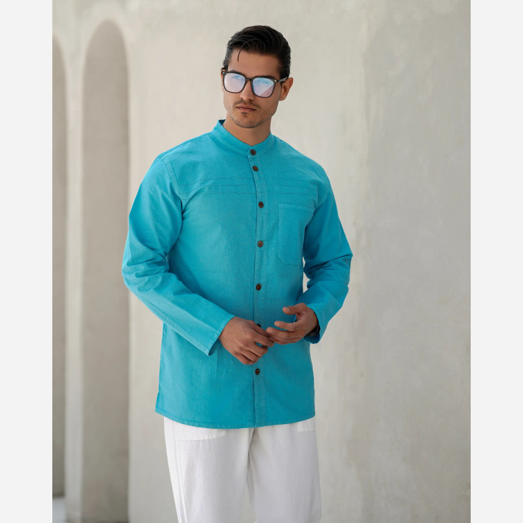 پیراهن مردانه الیاف طبیعی تمام دکمه مدل ماهور رنگ آبی آسمانی