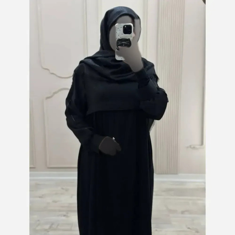 مانتو عبایی جیب دار مدل نفیسه کرپ ندا اماراتی مشکی سرمه ای سایز بندی کامل