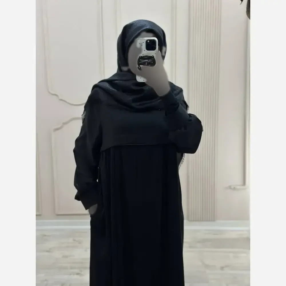 مانتو عبایی جیب دار مدل نفیسه کرپ ندا اماراتی مشکی سرمه ای سایز بندی کامل
