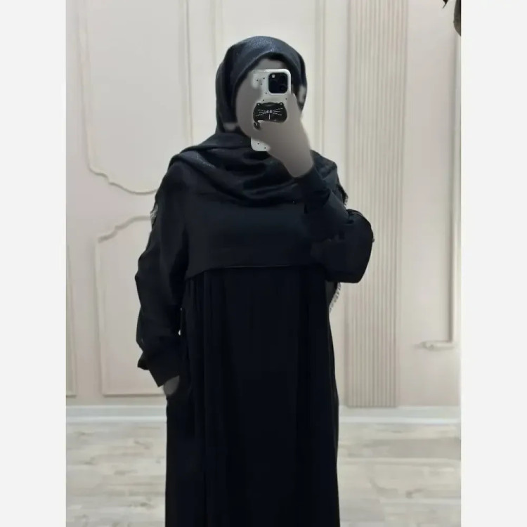 مانتو عبایی جیب دار مدل نفیسه کرپ ندا اماراتی مشکی سرمه ای سایز بندی کامل