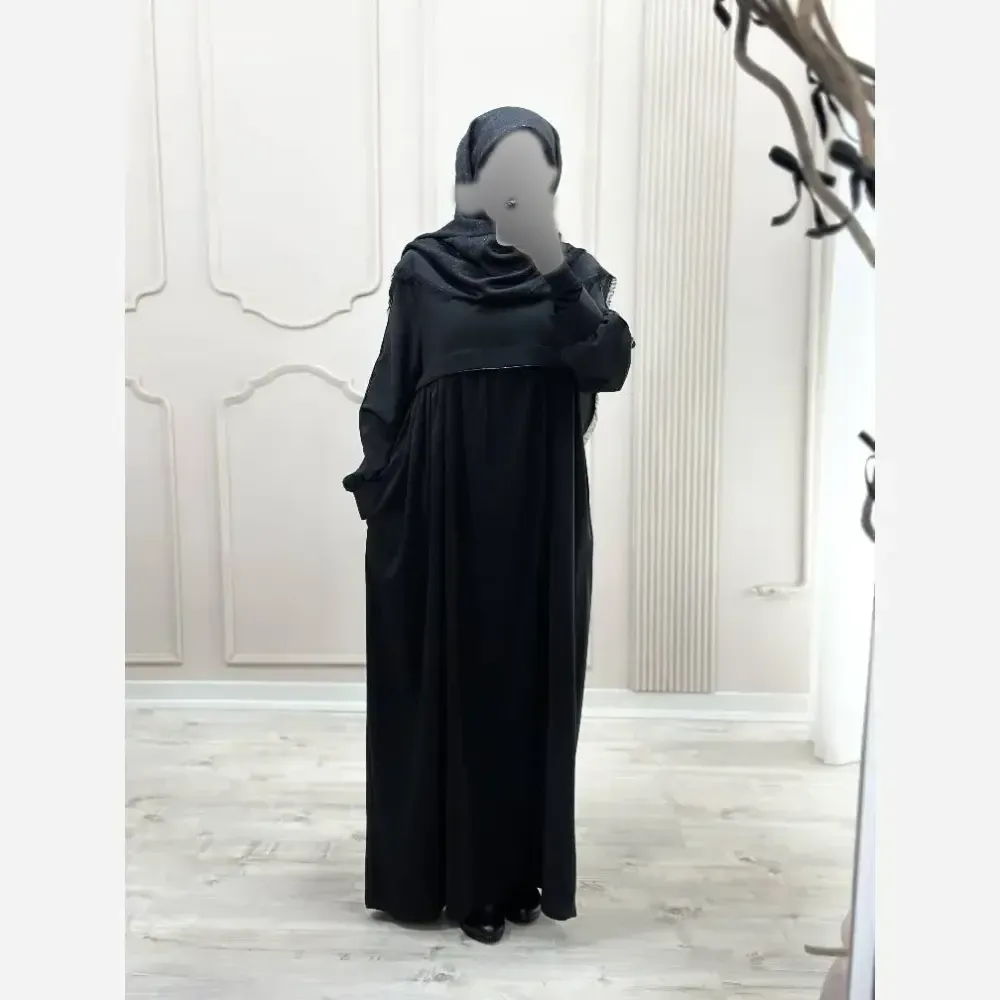 مانتو عبایی جیب دار مدل نفیسه کرپ ندا اماراتی مشکی سرمه ای سایز بندی کامل