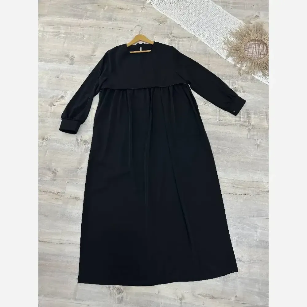 مانتو عبایی جیب دار مدل نفیسه کرپ ندا اماراتی مشکی سرمه ای سایز بندی کامل