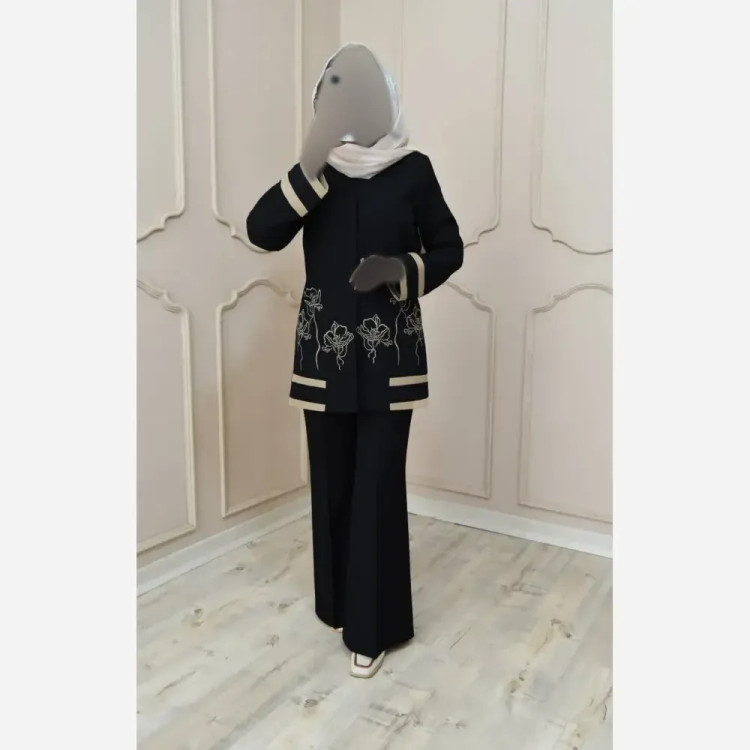 کت شلوار گلدوزی مدل رویا بزایاق اعلا زنانه در رنگبندی مشکی، سرمه ای، کرم، قهوه ای و سایزبندی 38 تا 50