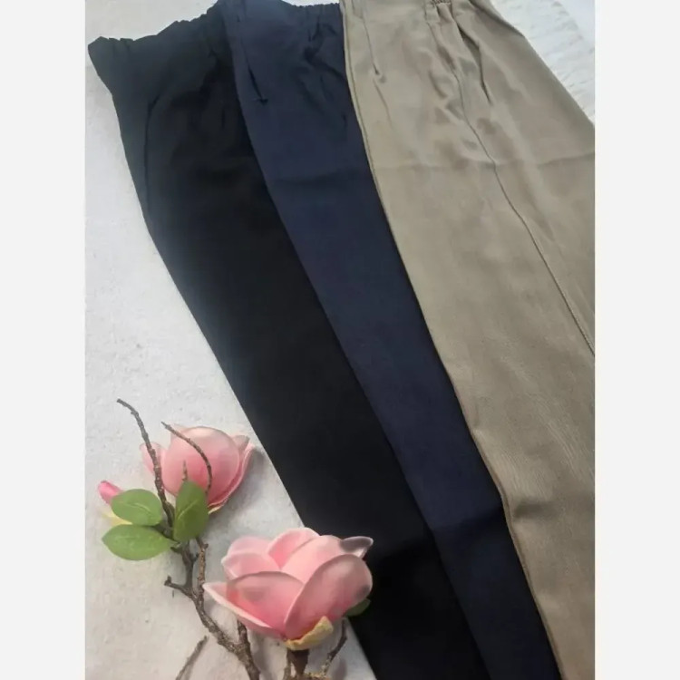شلوار نیم بگ بزیاق درجه یک زنانه قد 100 تا 105 در رنگبندی مشکی، شکلاتی، نسکافه، سرمه دودی و سایز 42 تا 52