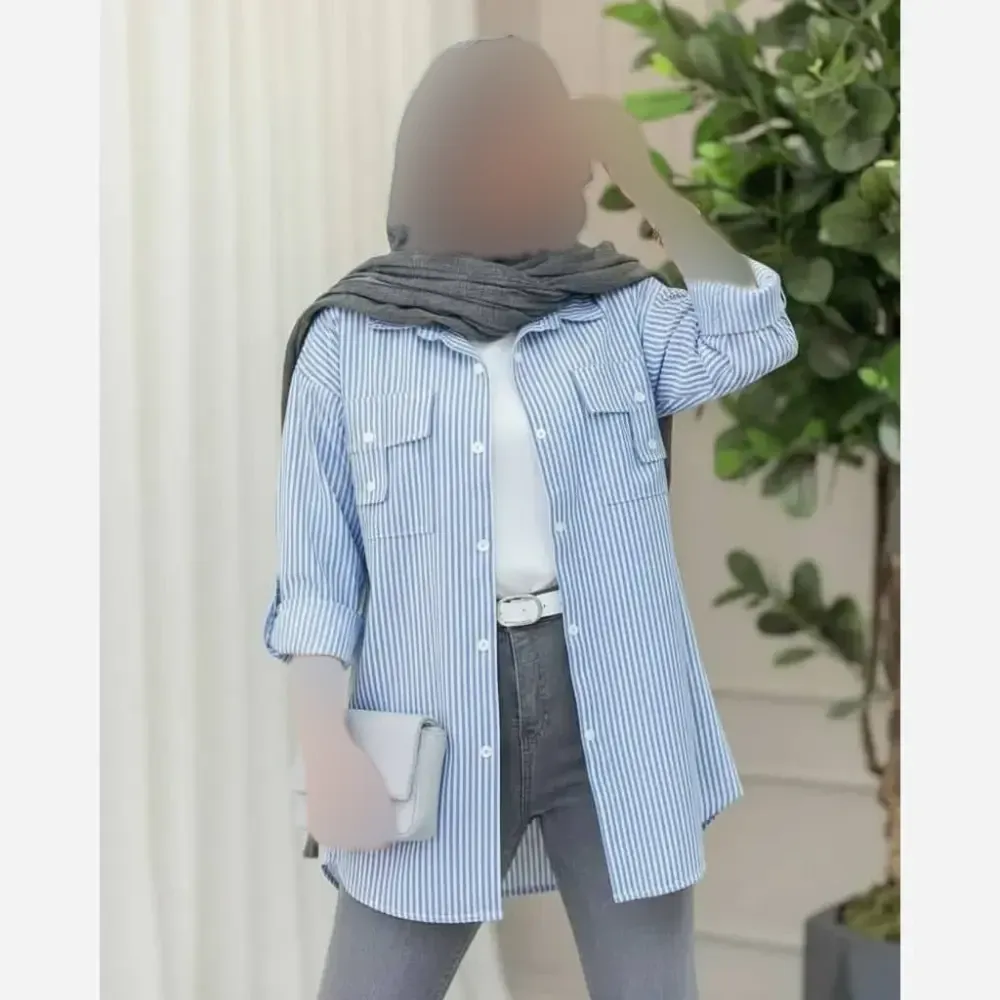 پیراهن نخی راه راه جیب صلیبی زنانه فری سایز طوسی آبی قد 70 سانت