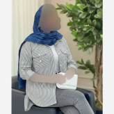 پیراهن نخی راه راه جیب صلیبی زنانه فری سایز طوسی آبی قد 70 سانت