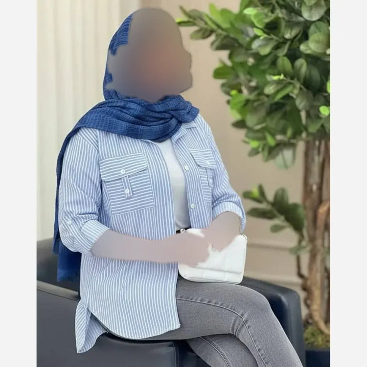 پیراهن نخی راه راه جیب صلیبی زنانه فری سایز طوسی آبی قد 70 سانت