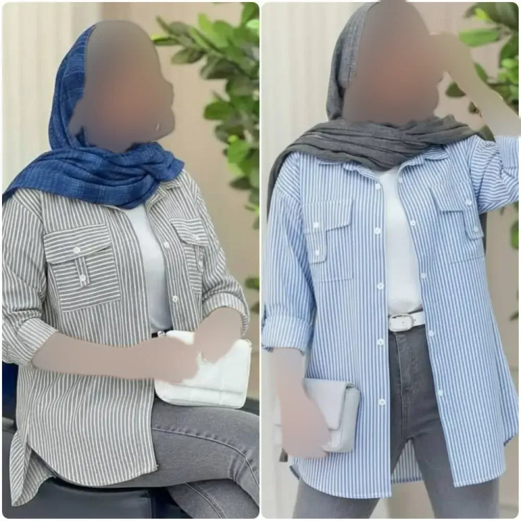 پیراهن نخی راه راه جیب صلیبی زنانه فری سایز طوسی آبی قد 70 سانت