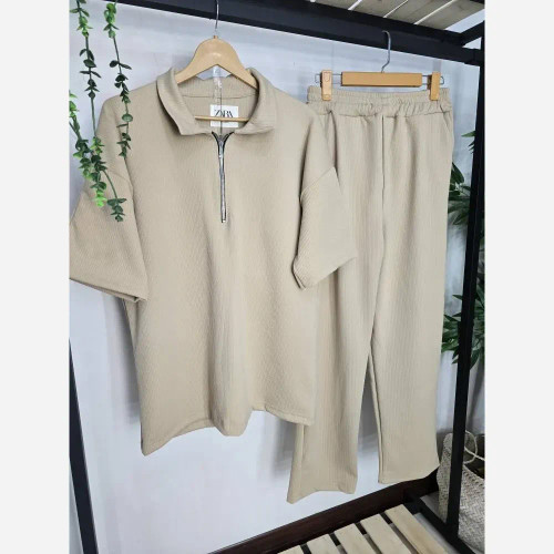 ست نیم زیپ اهورا فتیله ای درجه یک بهاره مردانه فری سایز رنگ مشکی شکلاتی کرم