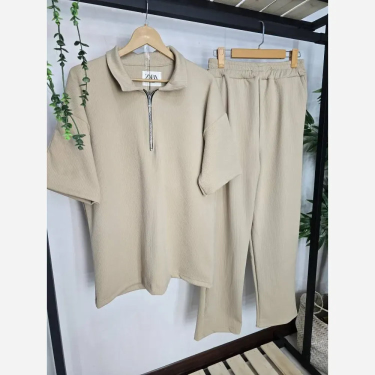 ست نیم زیپ اهورا فتیله ای درجه یک بهاره مردانه فری سایز رنگ مشکی شکلاتی کرم