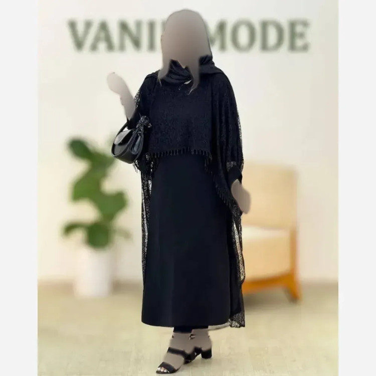 ست دانتل سرمه مشکی کرپ بوگاتی گیپور سایز فری 38 تا 46