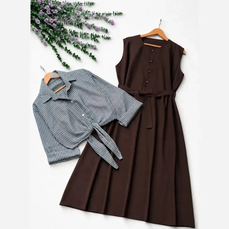 ست دو تیکه دیبا سارافون و شومیز لنین نخ دیپلمات سورمه ای قهوه ای مشکی سایز 38 تا 48