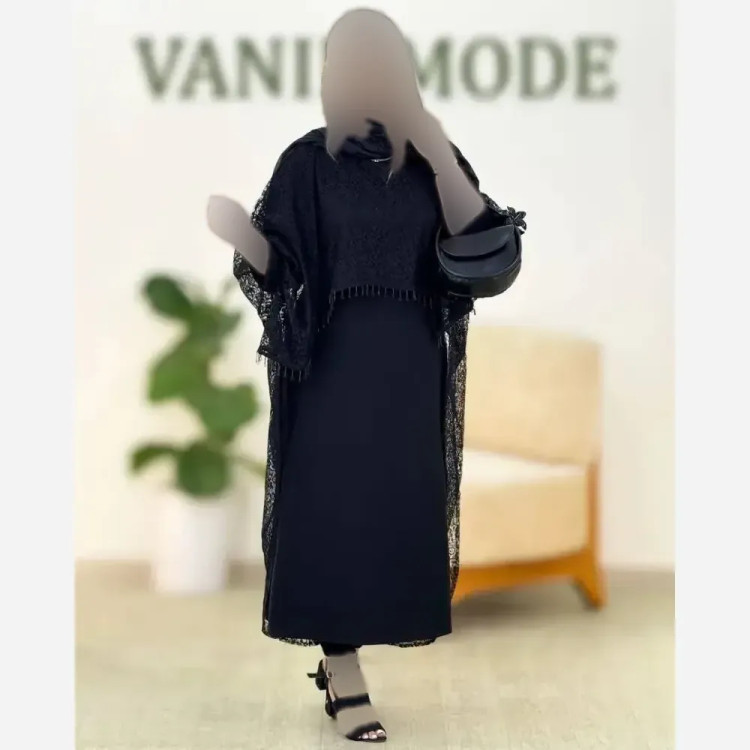 ست دانتل سرمه مشکی کرپ بوگاتی گیپور سایز فری 38 تا 46