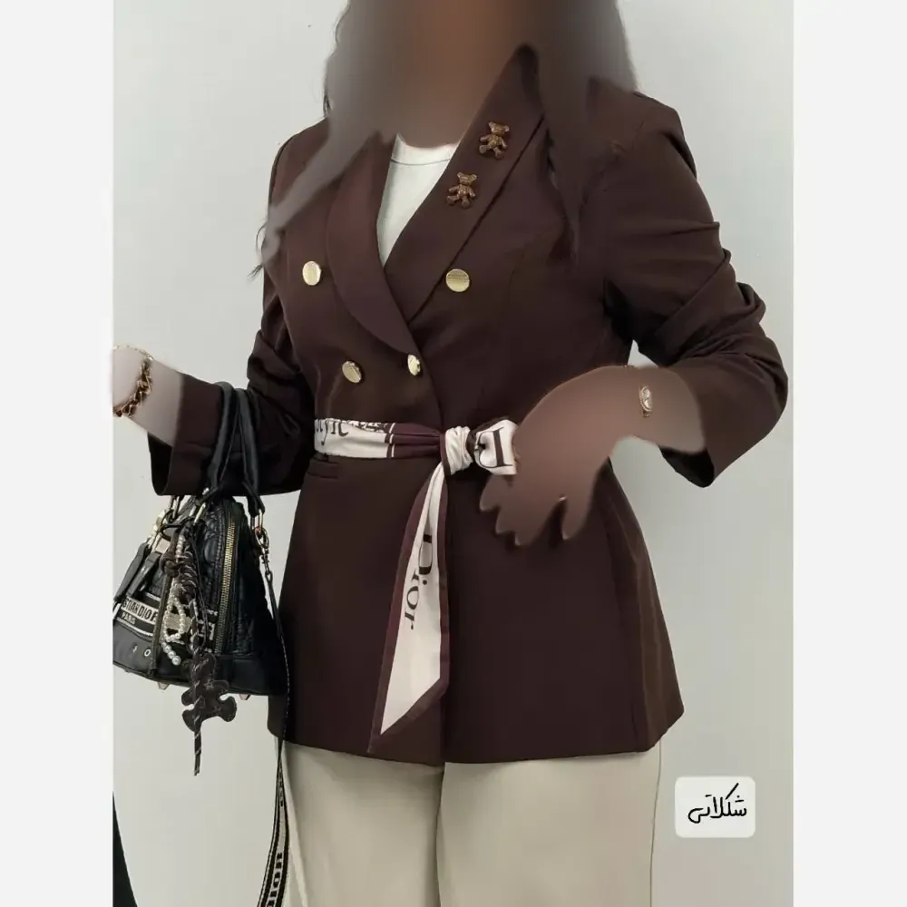 کت تک شاینی مازراتی زنانه با کمربند کرمی طوسی شکلاتی مشکی سایز یک دو