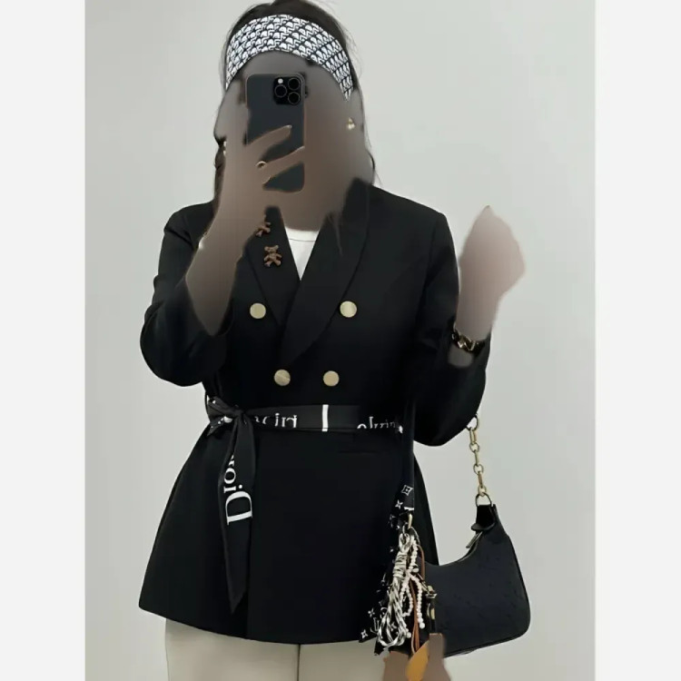 کت تک شاینی مازراتی زنانه با کمربند کرمی طوسی شکلاتی مشکی سایز یک دو