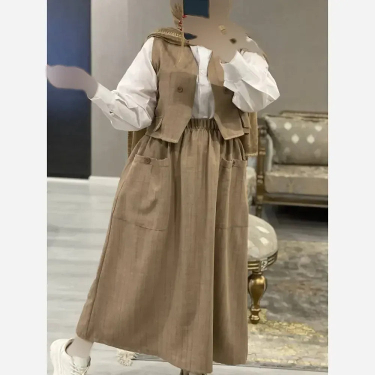 ست سه تیکه شومیز جلیقه و دامن مدل ژینا جنس شانتون