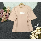 تیشرت لانگ زنانه نخ پنبه درجه یک طرح alo رنگ سبز خردلی گلبهی سایز فری سایز