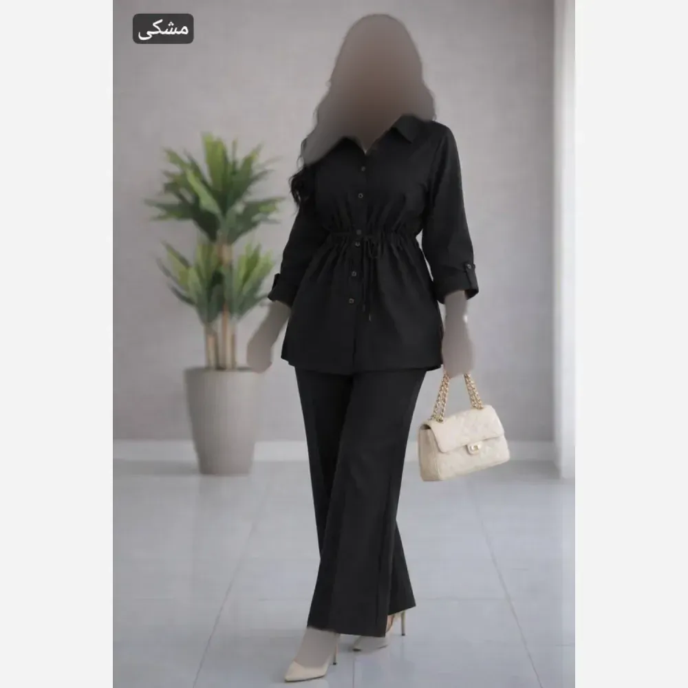 ست شومیز و شلوار کمرگت زنانه سوپر شانتون درجه یک رنگ مشکی فری سایز