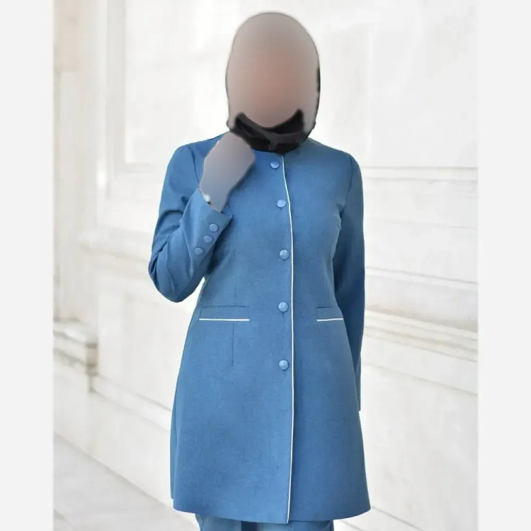 مانتو شلوار اداری فاستونی سولماز رنگ آبی نفتی و نوک مدادی