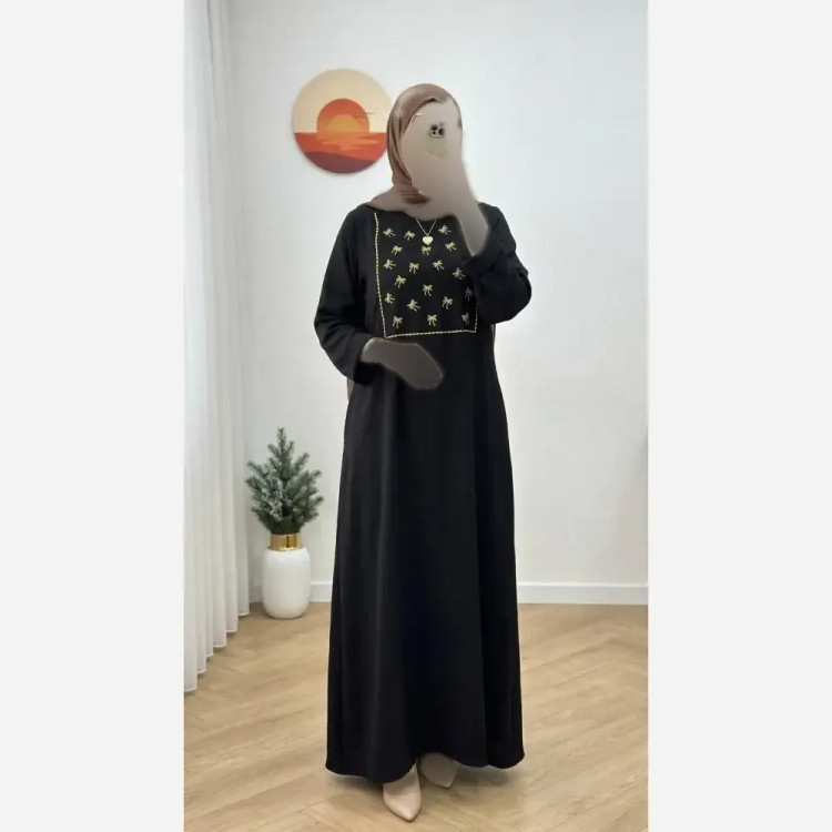 کفتان پاپیونی گلدوزی شانتون مشکی فری سایز جیب دار قد 135