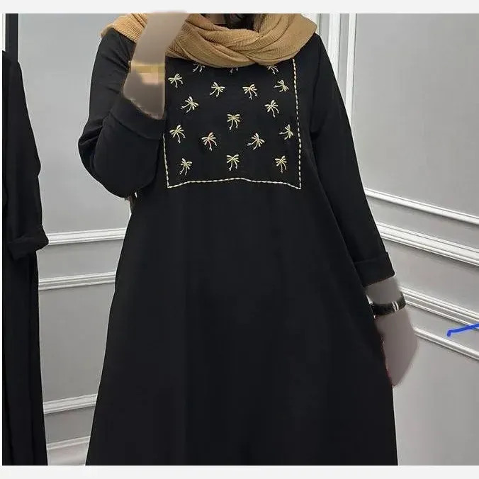 کفتان پاپیونی گلدوزی شانتون مشکی فری سایز جیب دار قد 135
