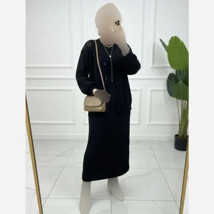 ست دو تکه کت و سارافون بافت مشکی فری سایز تا 46