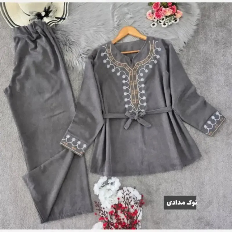 تونیک شلوار پاییزه مخمل کبریتی ریز گلدوزی شده فری سایز