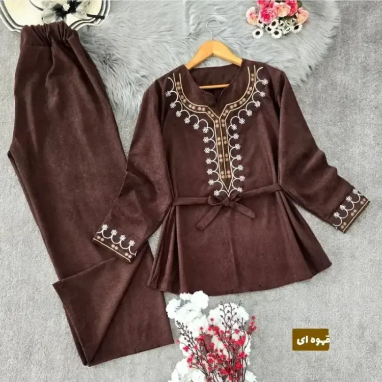 تونیک شلوار پاییزه مخمل کبریتی ریز گلدوزی شده فری سایز