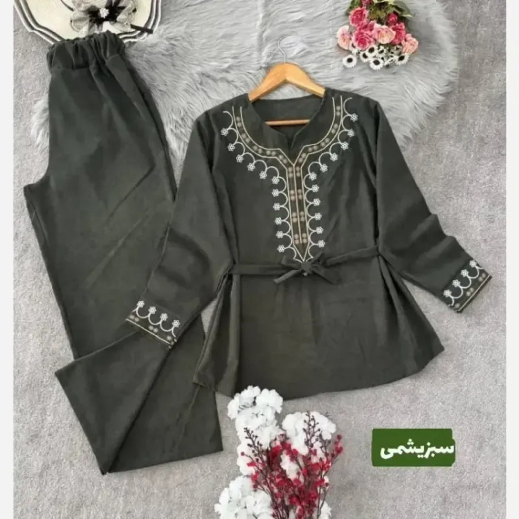 تونیک شلوار پاییزه مخمل کبریتی ریز گلدوزی شده فری سایز