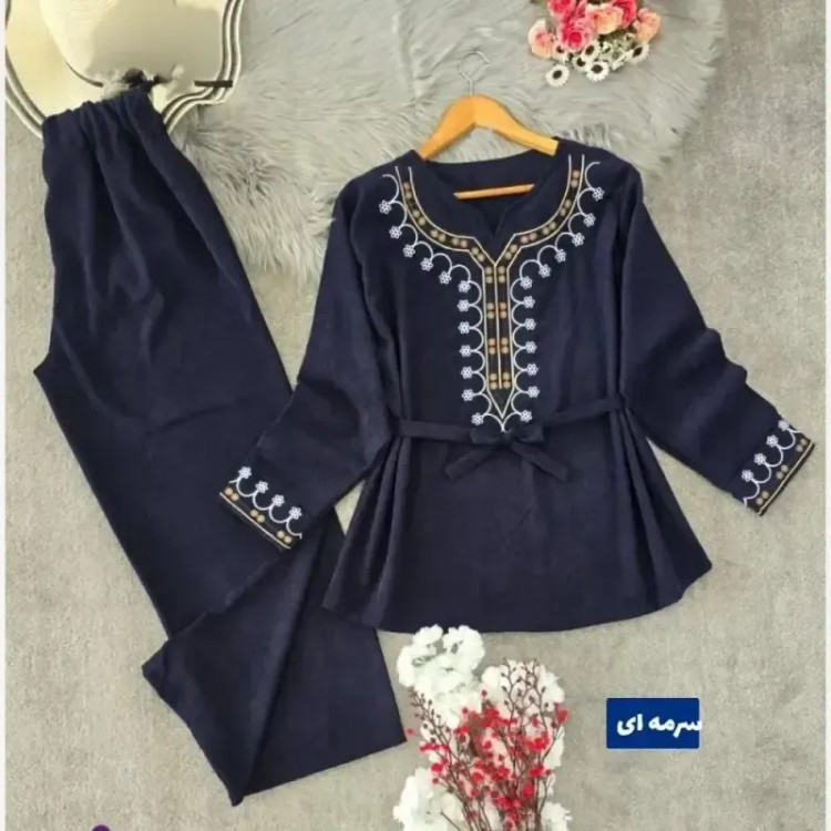 تونیک شلوار پاییزه مخمل کبریتی ریز گلدوزی شده فری سایز