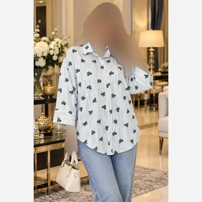 شومیز مانتویی پاپیون جنس ینزی درجه یک فری سایز یقهدار و دکمهدار