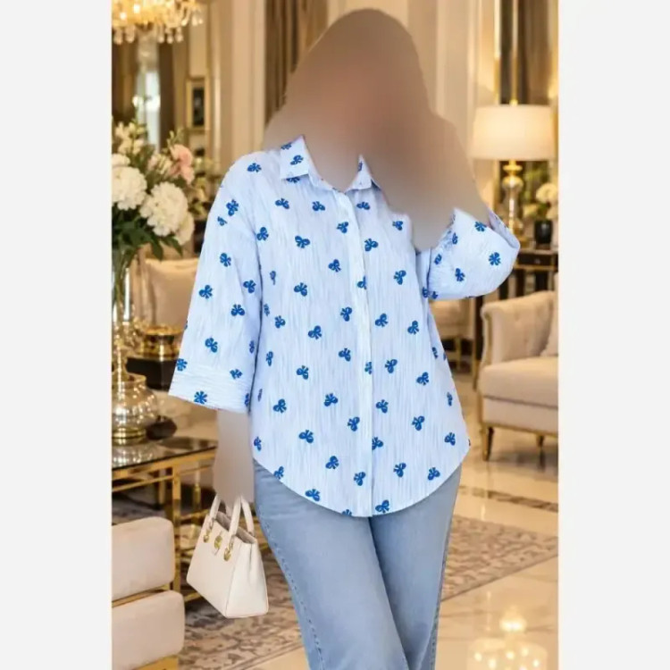 شومیز مانتویی پاپیون جنس ینزی درجه یک فری سایز یقهدار و دکمهدار