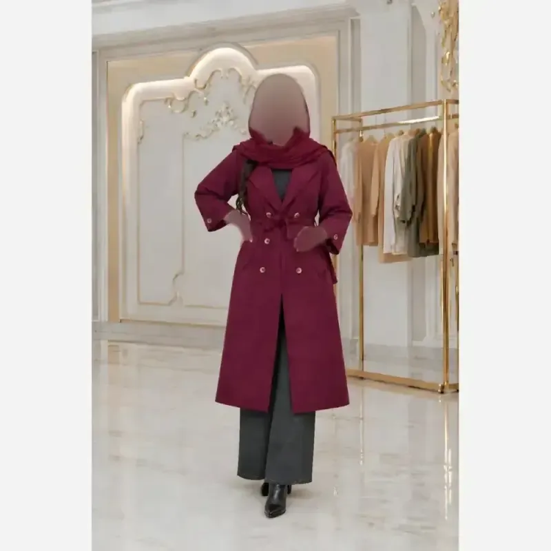 مانتو پاییزه مخمل کبریتی ریز بلند کمربنددار فری سایز