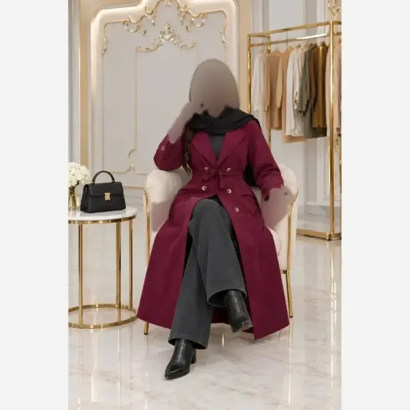 مانتو پاییزه مخمل کبریتی ریز بلند کمربنددار فری سایز