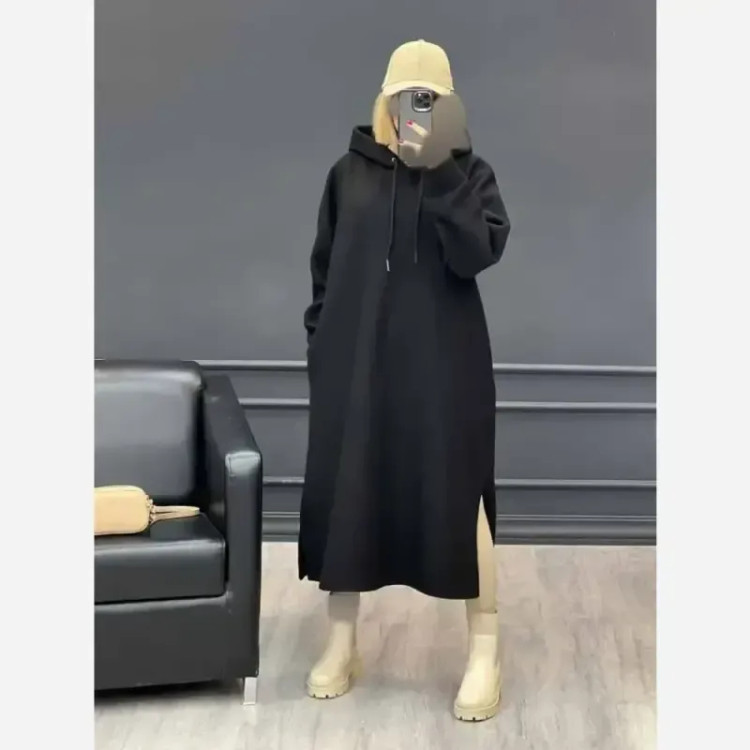 هودی بلند زنانه مدل لندو دورس تو کرکی کلاهدار رنگ مشکی فری سایز