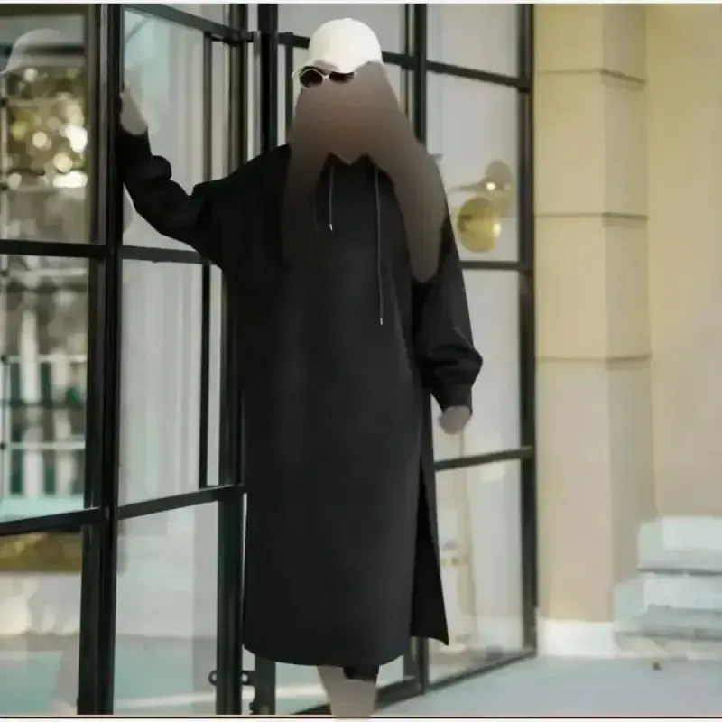 هودی بلند زنانه مدل لندو دورس تو کرکی کلاهدار رنگ مشکی فری سایز