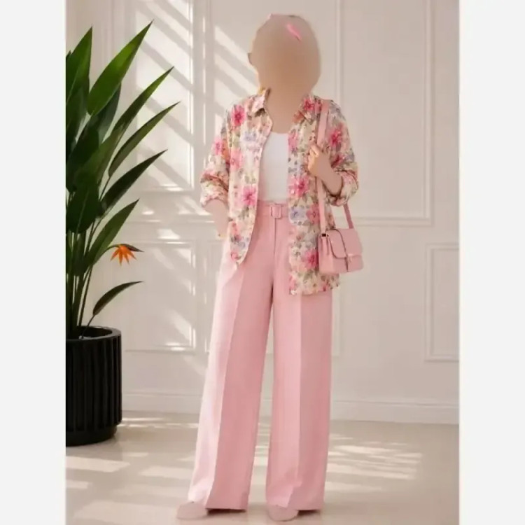 ست شومیز شلوار زنانه کرپ طرح دار و لینن ابی و پرتقالی