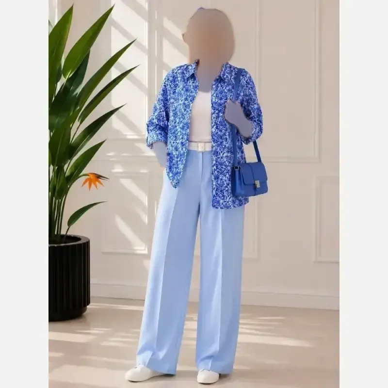 ست شومیز شلوار زنانه کرپ طرح دار و لینن ابی و پرتقالی