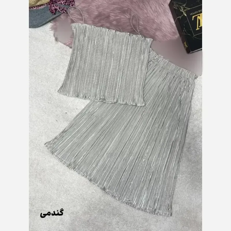 ست پرو کراپ دامن حنا ساتن پلیسه وارداتی سایز فری 38 تا 44