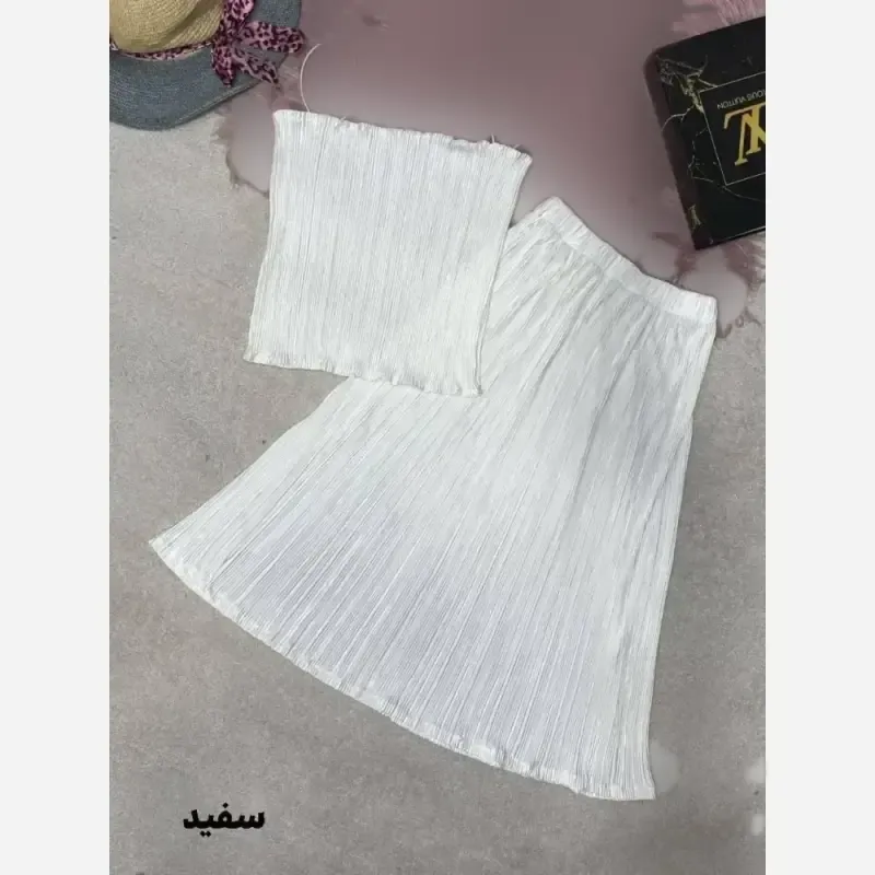 ست پرو کراپ دامن حنا ساتن پلیسه وارداتی سایز فری 38 تا 44