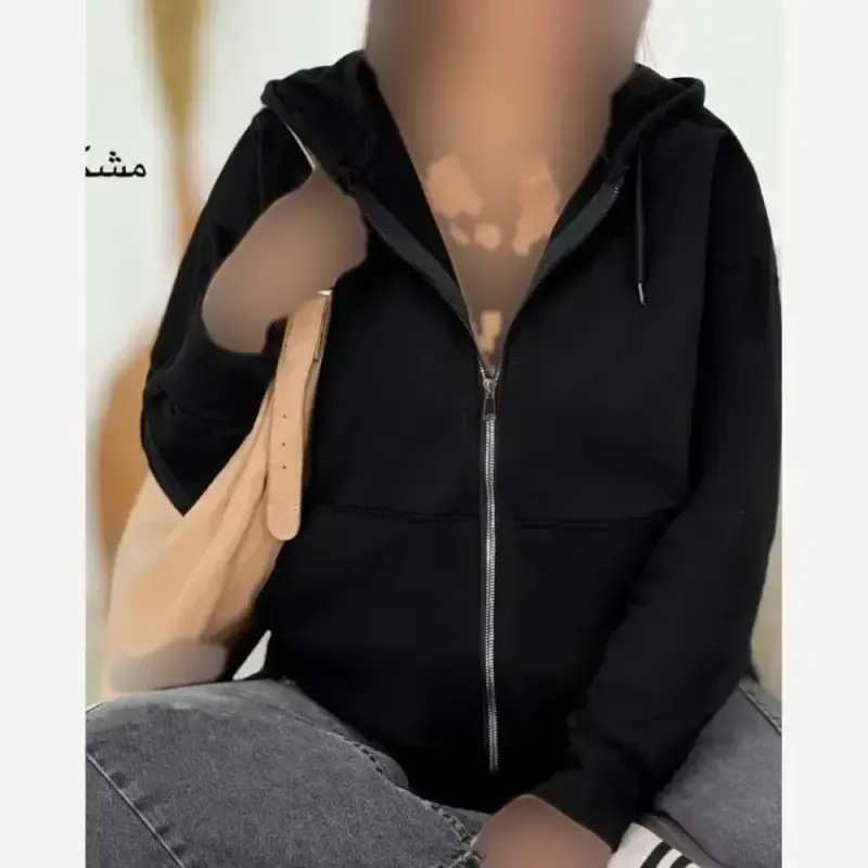 سوئیشرت زنانه جلوزیپ ساده دورس توکرکی مشکی فری سایز