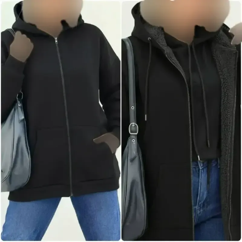 سوئیشرت زنانه جلوزیپ ساده دورس توکرکی مشکی فری سایز