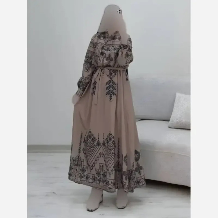 پیراهن ساحلی سنتی فلور نخ فری سایز طوسی کرم