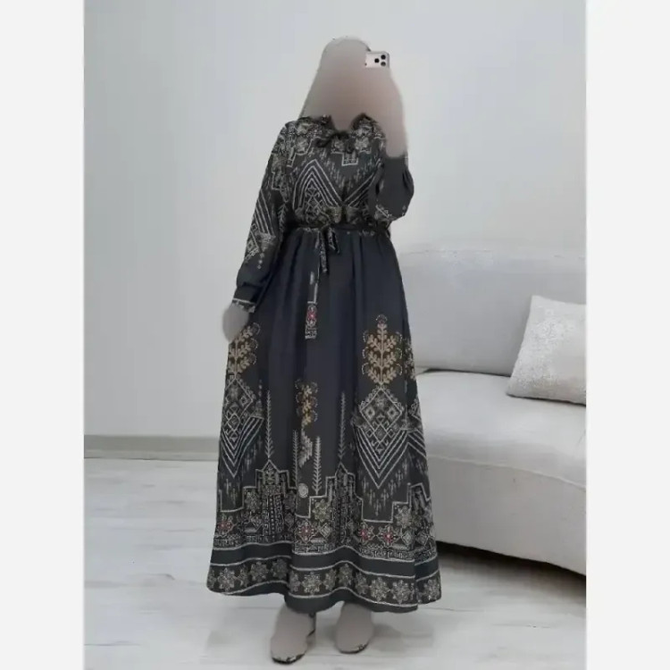 پیراهن ساحلی سنتی فلور نخ فری سایز طوسی کرم