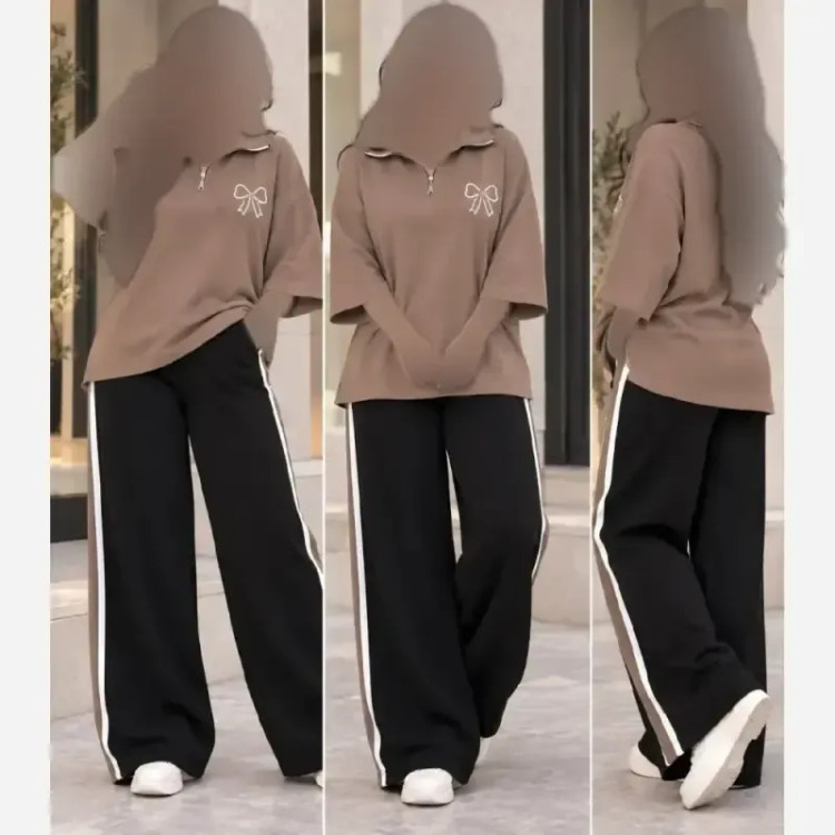 ست دو تیکه تیشرت یقه زیپ و شلوار بگ گلکسی نخ پنبه اعلاء فری سایز تا 48