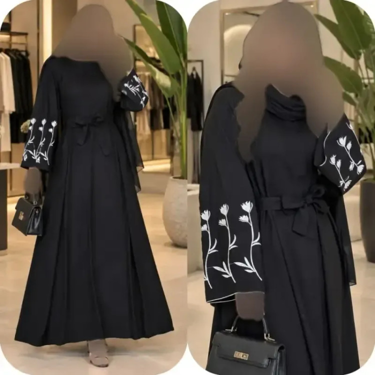 پیراهن عبایی گلدوزی شده گل لاله جنس الیزه مشکی فری سایز