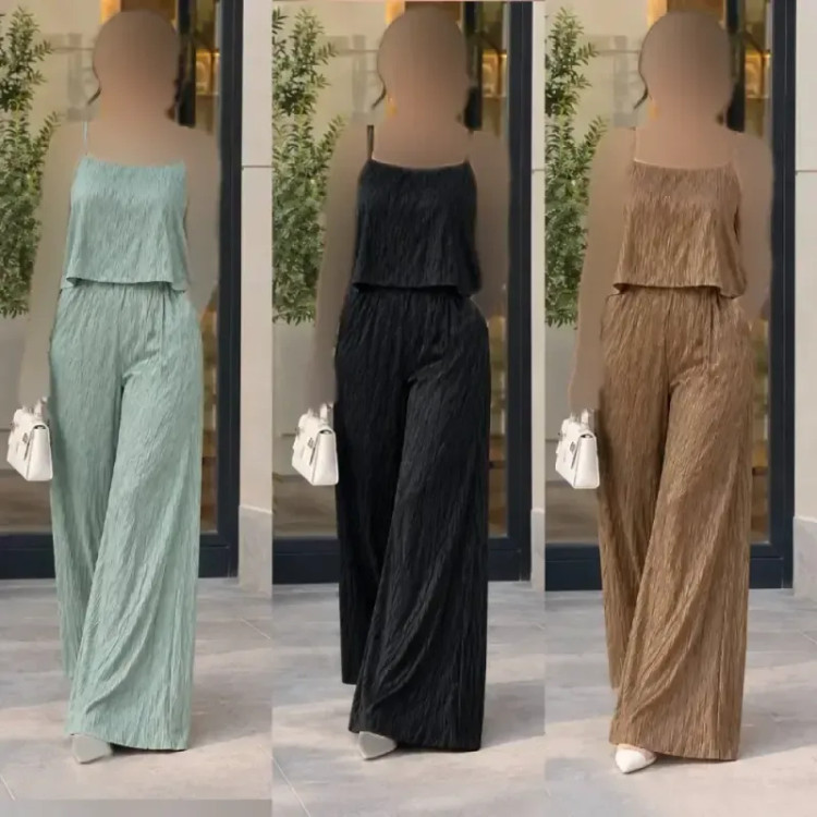 ست زنانه کراپ و شلوار ساتن پلیسه وارداتی فری سایز