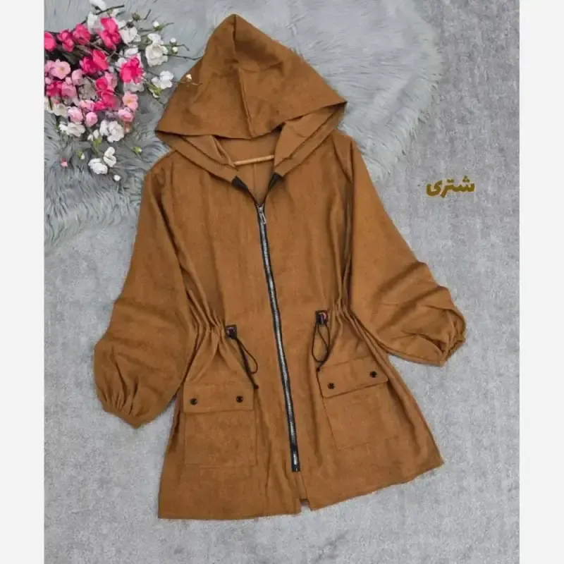 مانتو مخمل کبریتی کلاهدار پاییزه مدل صبا سایز بزرگ رنگ بندی متنوع