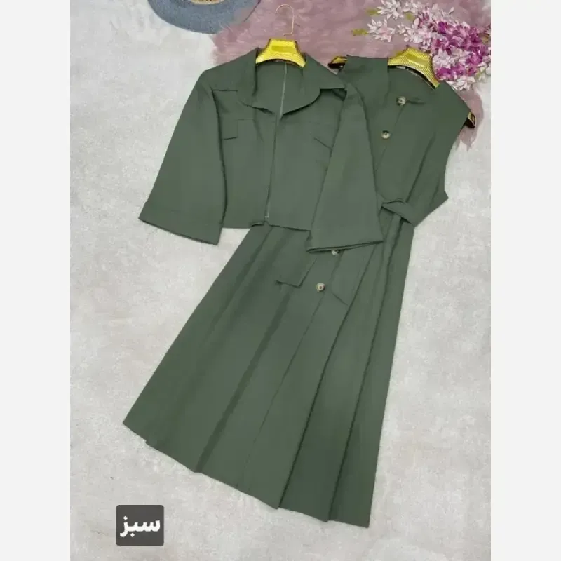 ست دوتیکه کت و سارافون کتان پلاس مشکی شکلاتی کرم سورمهای سبز سایز 38 تا 46