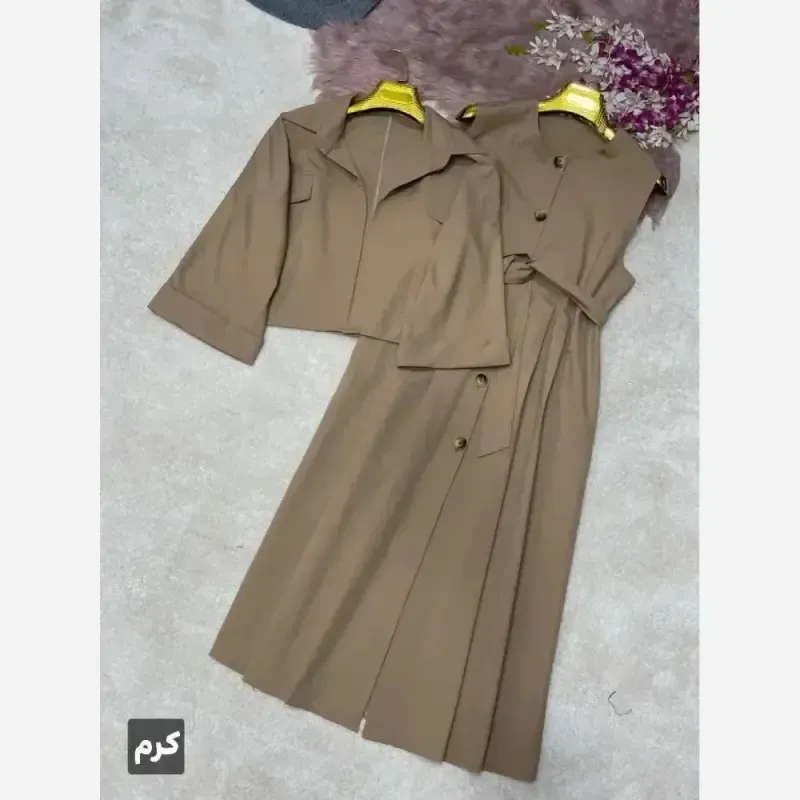 ست دوتیکه کت و سارافون کتان پلاس مشکی شکلاتی کرم سورمهای سبز سایز 38 تا 46